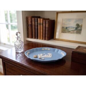 Vintage Wedgwood Blue Jasperware 4.5" Oval Pin Tray - Cherubs Playing England